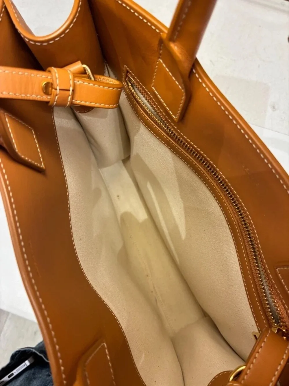 Celine Cream Canvas Tote with Tan Leather Trim